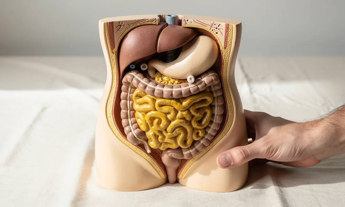 A cutaway abdominal teaching model showing fat around internal organs