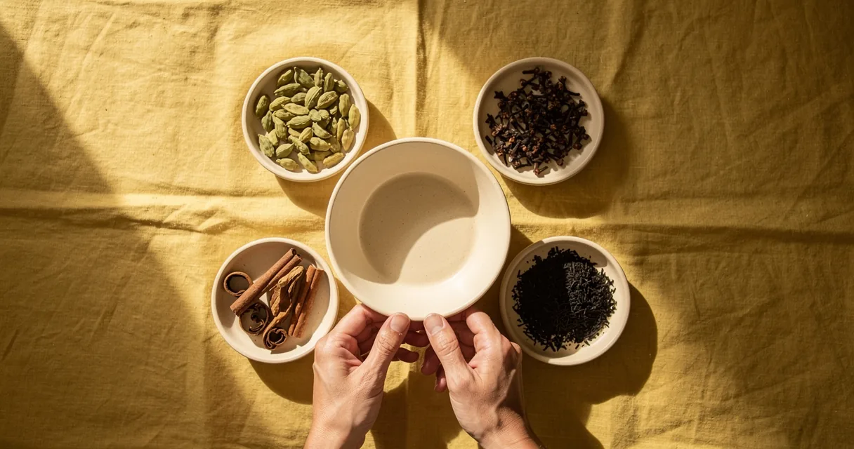 Hands arranging separate spices and tea around an empty mixing bowl