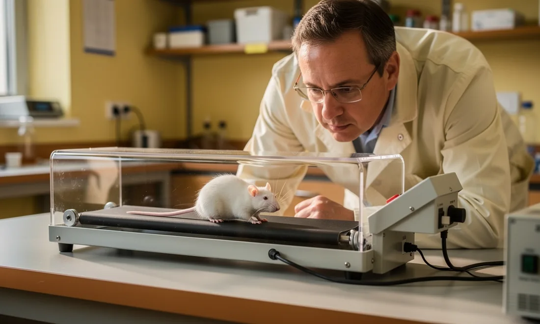 A technician observing a mouse in a transparent laboratory treadmill